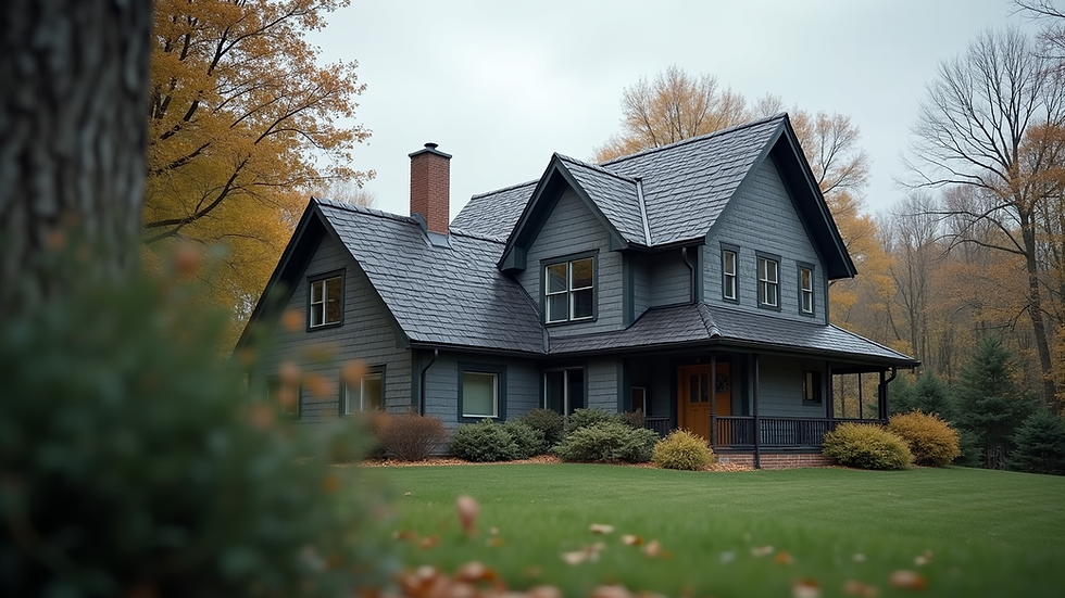 Eye-level view of a house with a dark gray asphalt shingle roof