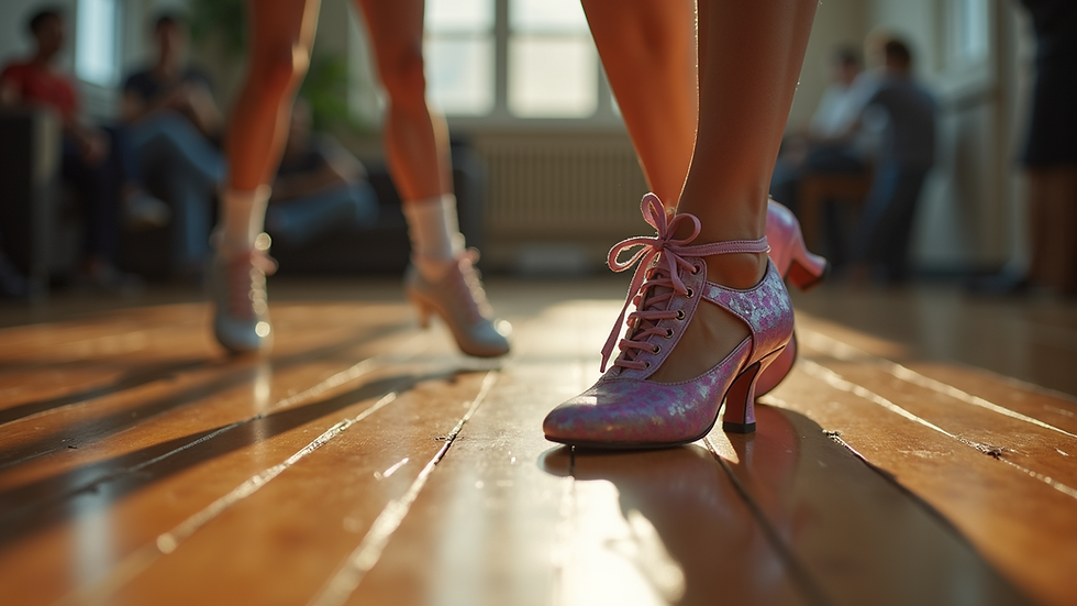 Close-up view of colorful dance shoes on a polished wooden floor