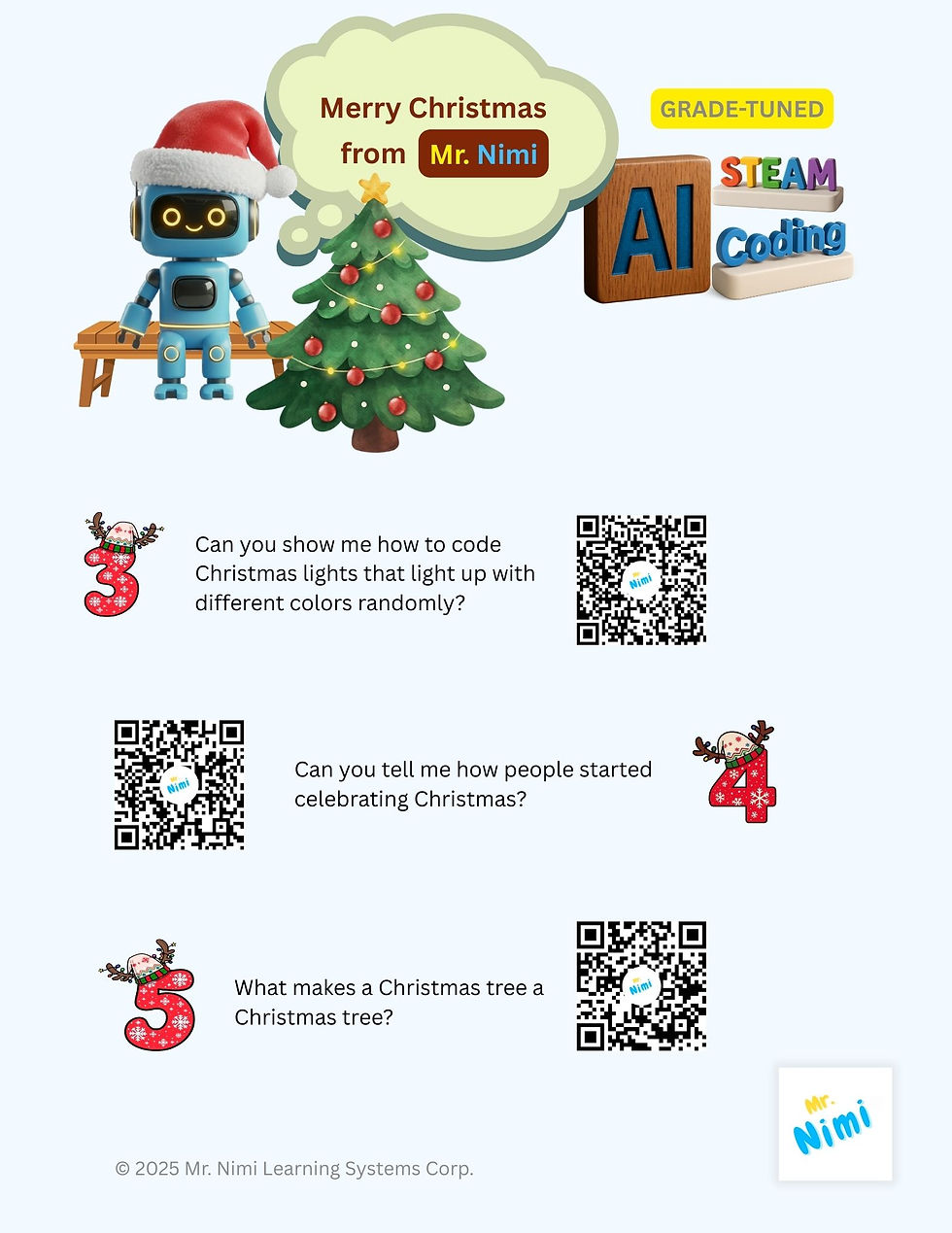 Close-up view of a colorful Mr Nimi Christmas worksheet with a scannable Nimi Code