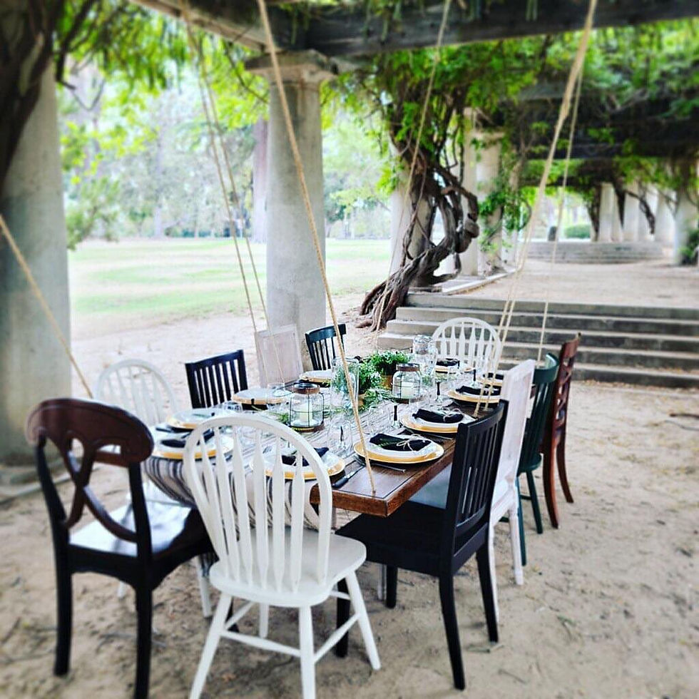 One of our first Pop-Up Dinners in 2021 at Roeding Park in Fresno. At this point, we didn't have table legs built yet, so we ended up hanging the table from the Pergola. It was one of our best dinners yet!