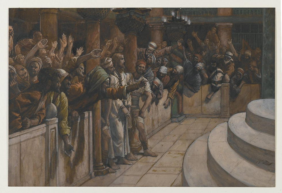 James Tissot, The False Witnesses, 1886–1894. Opaque watercolor over graphite, 8 × 11¾ in. Brooklyn Museum. Public domain. "For many bare false witness against him, but their witness agreed not together" (Mark 14:56).
