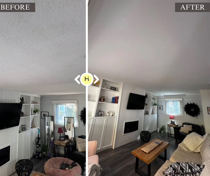 Before: Close-up of original popcorn texture.
After: Smooth and even ceiling after professional refinishing.