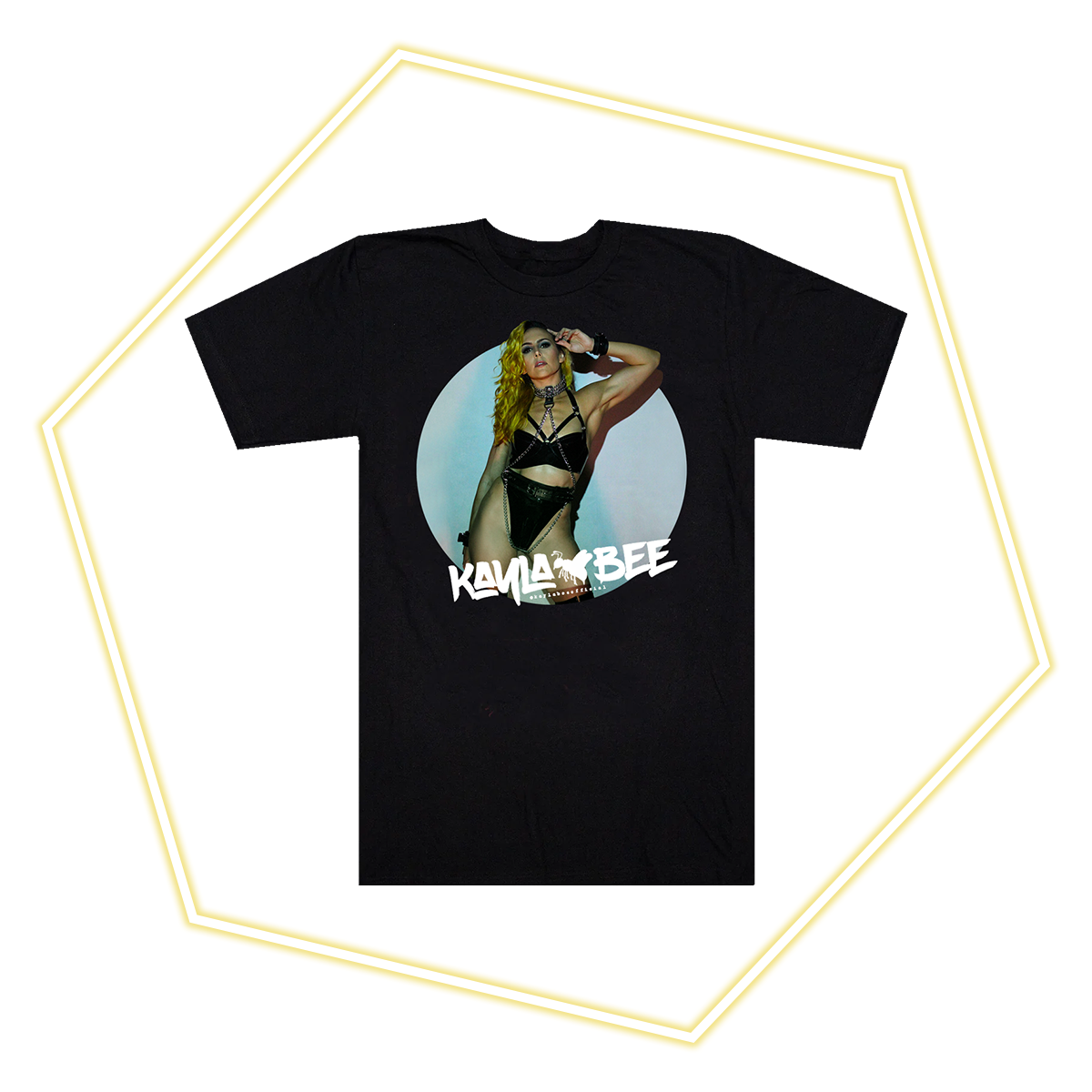 Kayla Bee Spotlight Tee on hexagon background