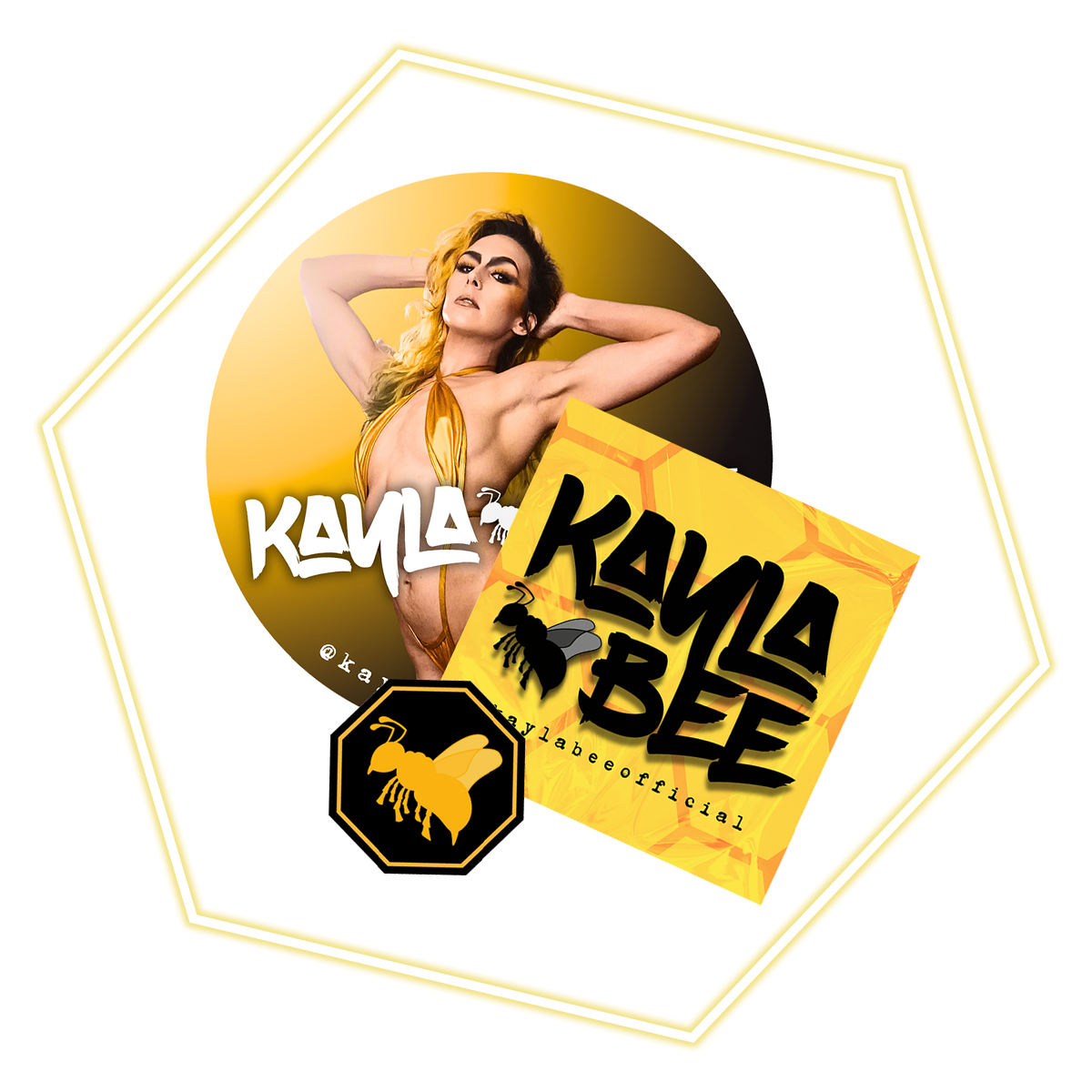 Kayla Bee Sticker Bundle on hexagon background