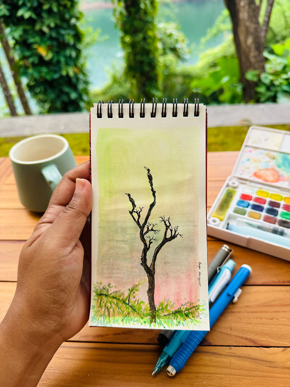 Watercolor illustration of birds resting on a dry tree