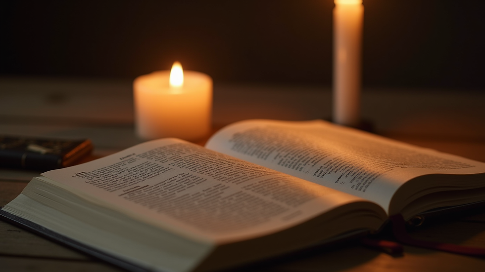 Close-up view of a softly lit candle beside an open Bible