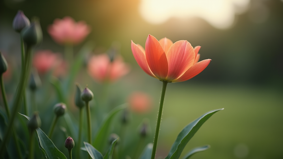 Eye-level view of a blooming flower in a quiet garden