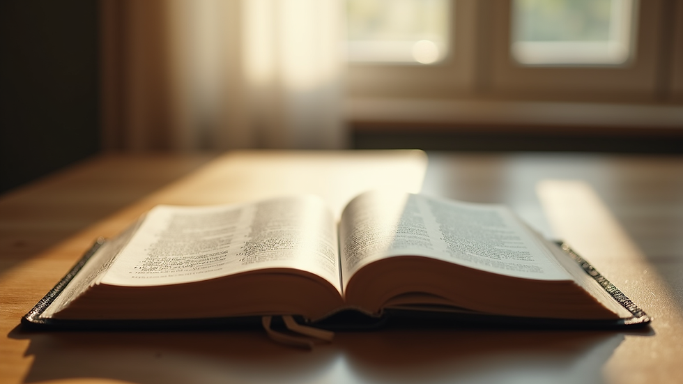 Eye-level view of an open Bible resting on a wooden table with soft natural light