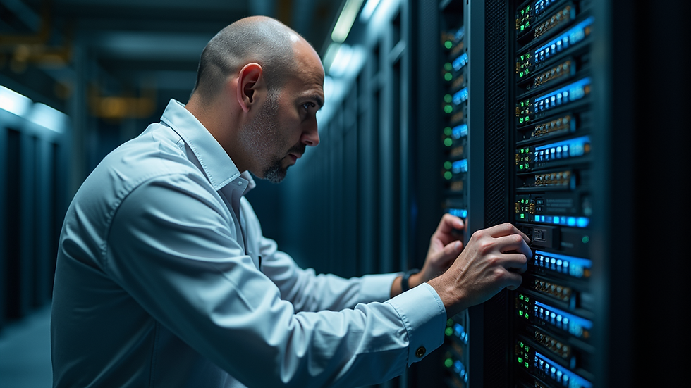 Close-up view of a technician working on a computer server