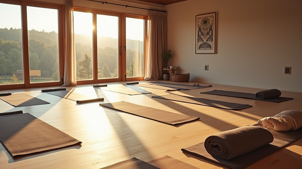 High angle view of a serene yoga studio with mats arranged for practice