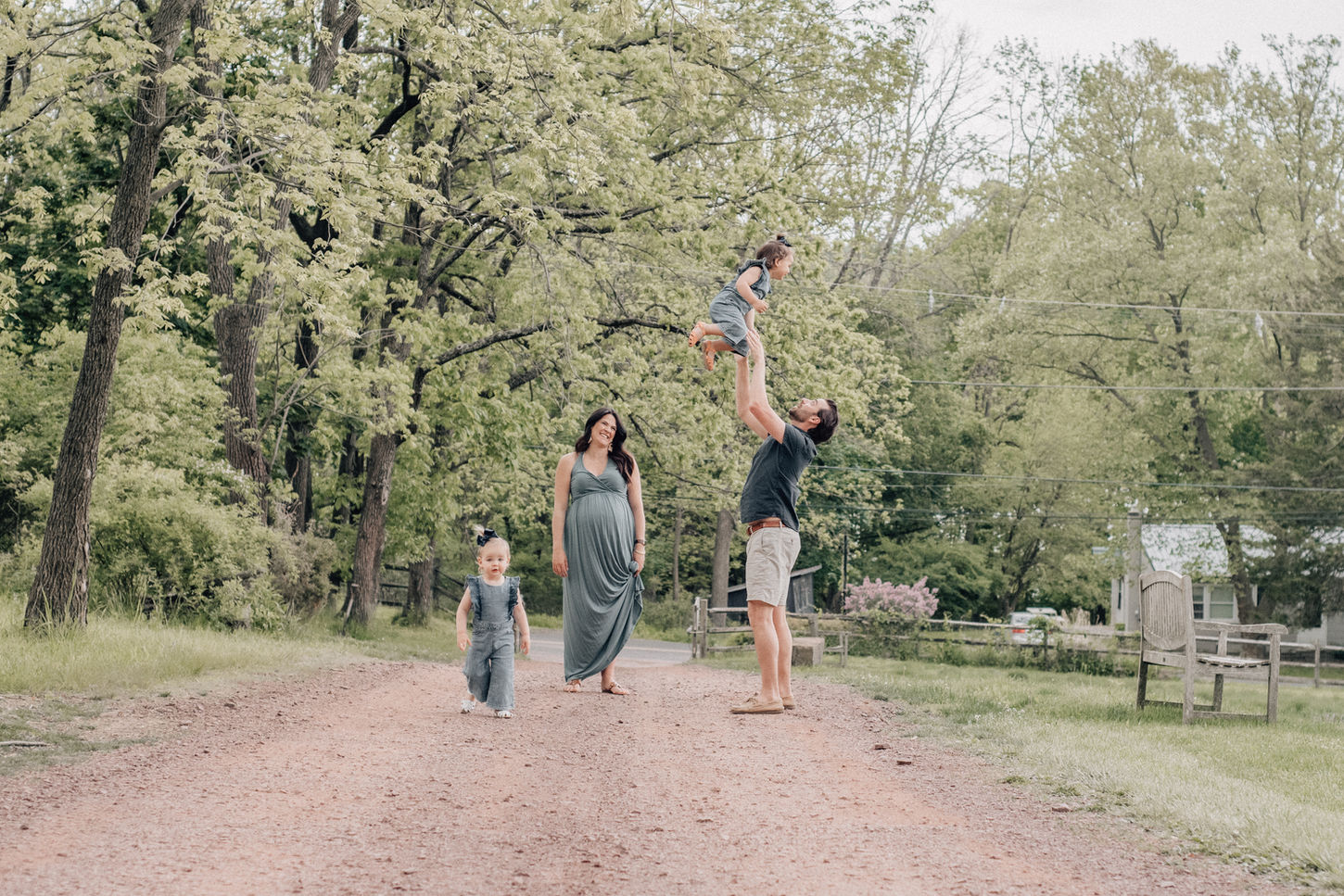 dad throws daughter in the air as they walk along the path at a lavender farm