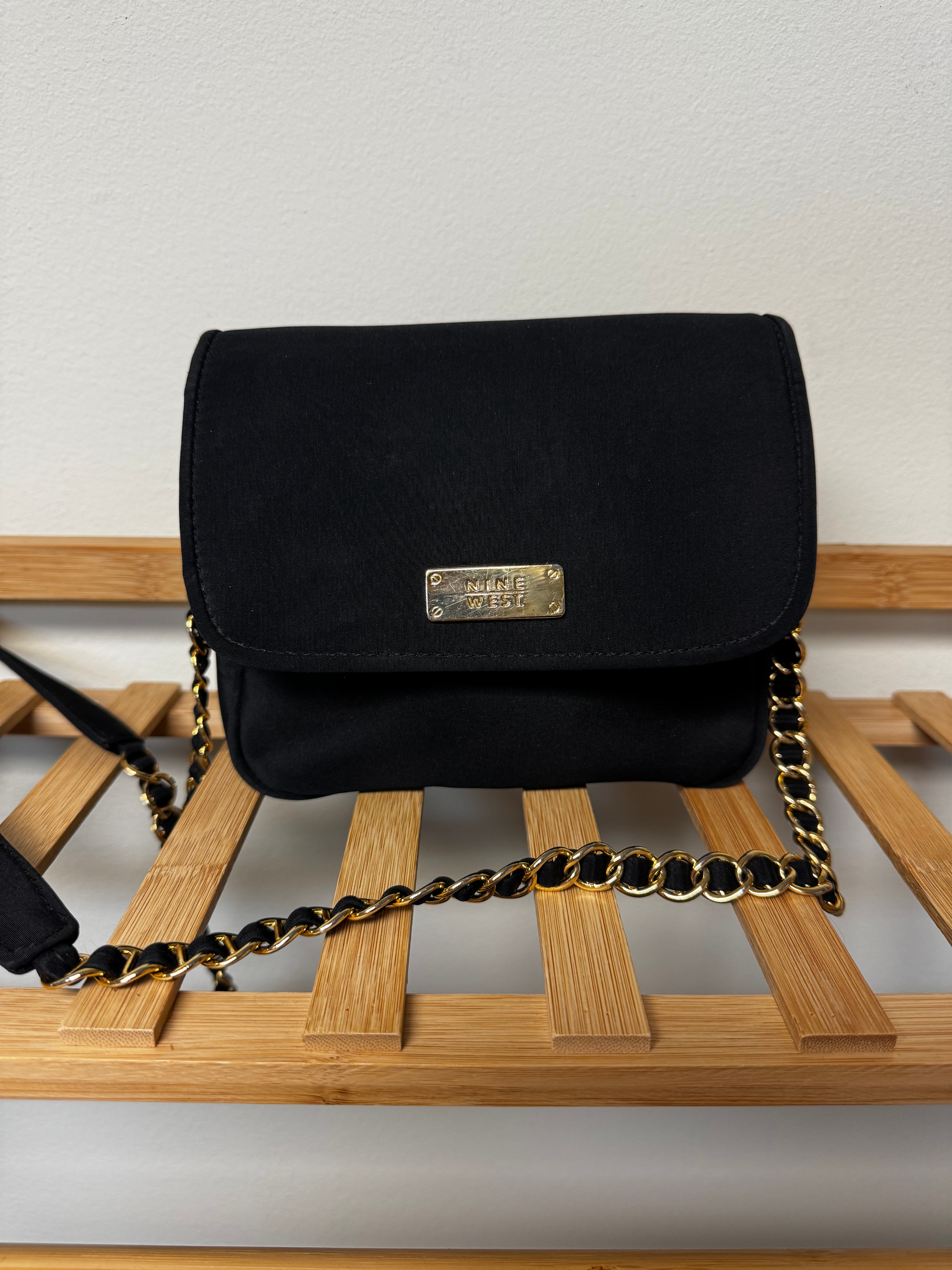 Nine West Black Handbag with Gold Loop Chain on Strap
