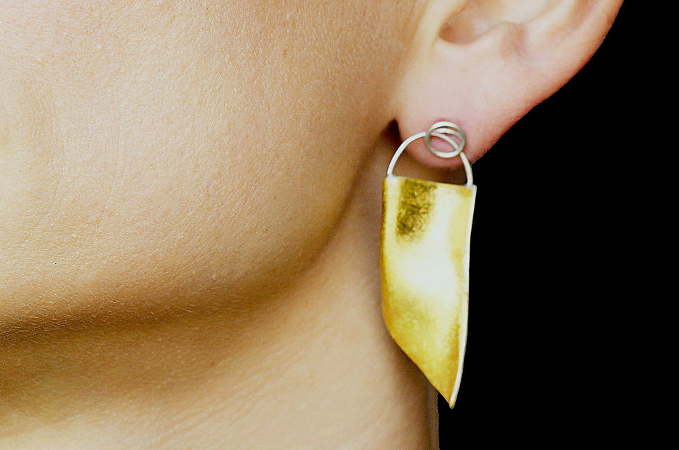 Thumbnail: Skin. Double sided long earrings with gold leaf