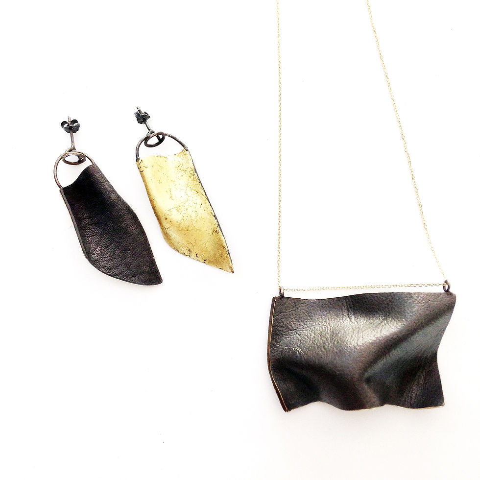 Thumbnail: Skin. Double sided long earrings with gold leaf