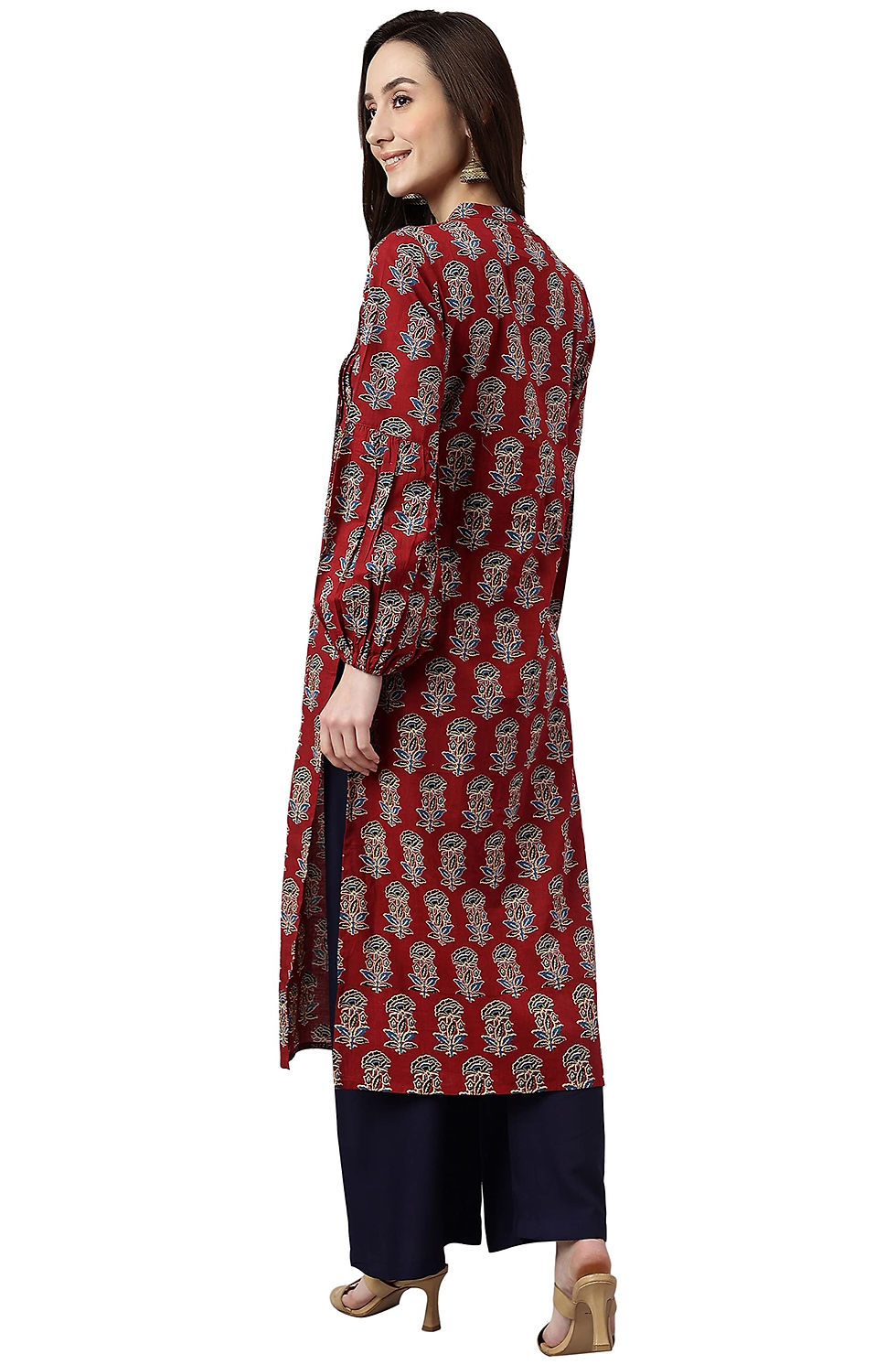 Thumbnail: Janasya Women's Maroon Cotton Floral Block Print Straight Kurta(JNE4033-KR-XL)