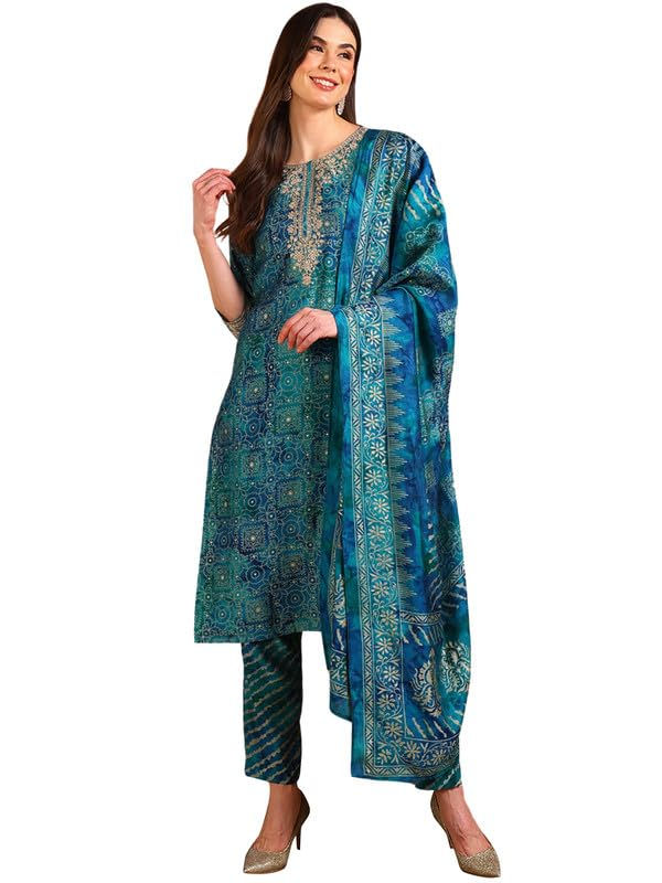 Vaamsi Women's Silk Blend Ethnic Motifs Printed Straight Kurta Pant With Dupa...