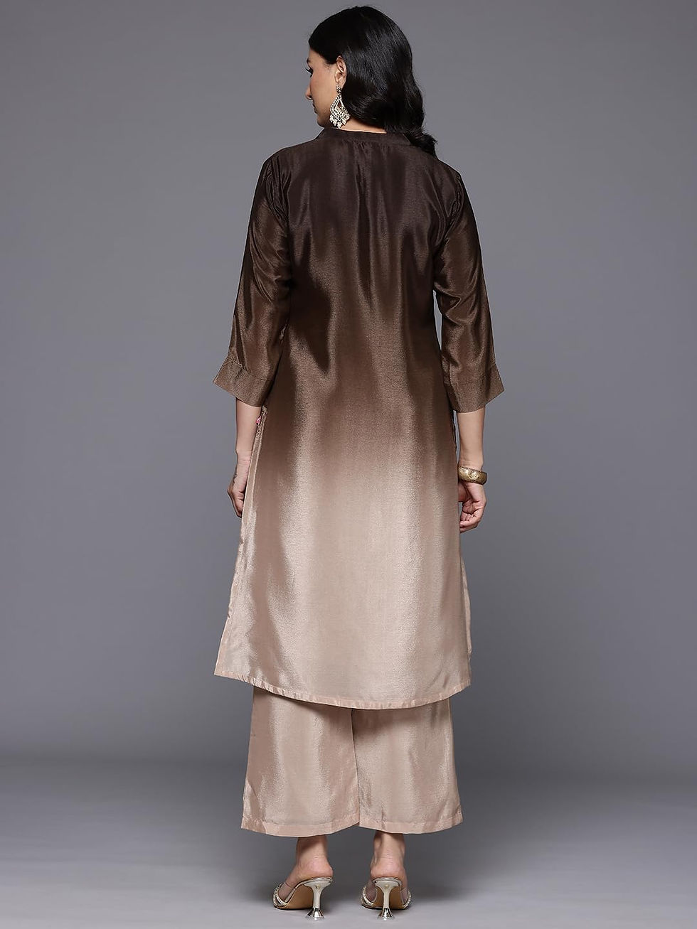 Thumbnail: Varanga Women Embroidered Kurta Set with Tonal Bottom – Camel Brown, Sequins ...