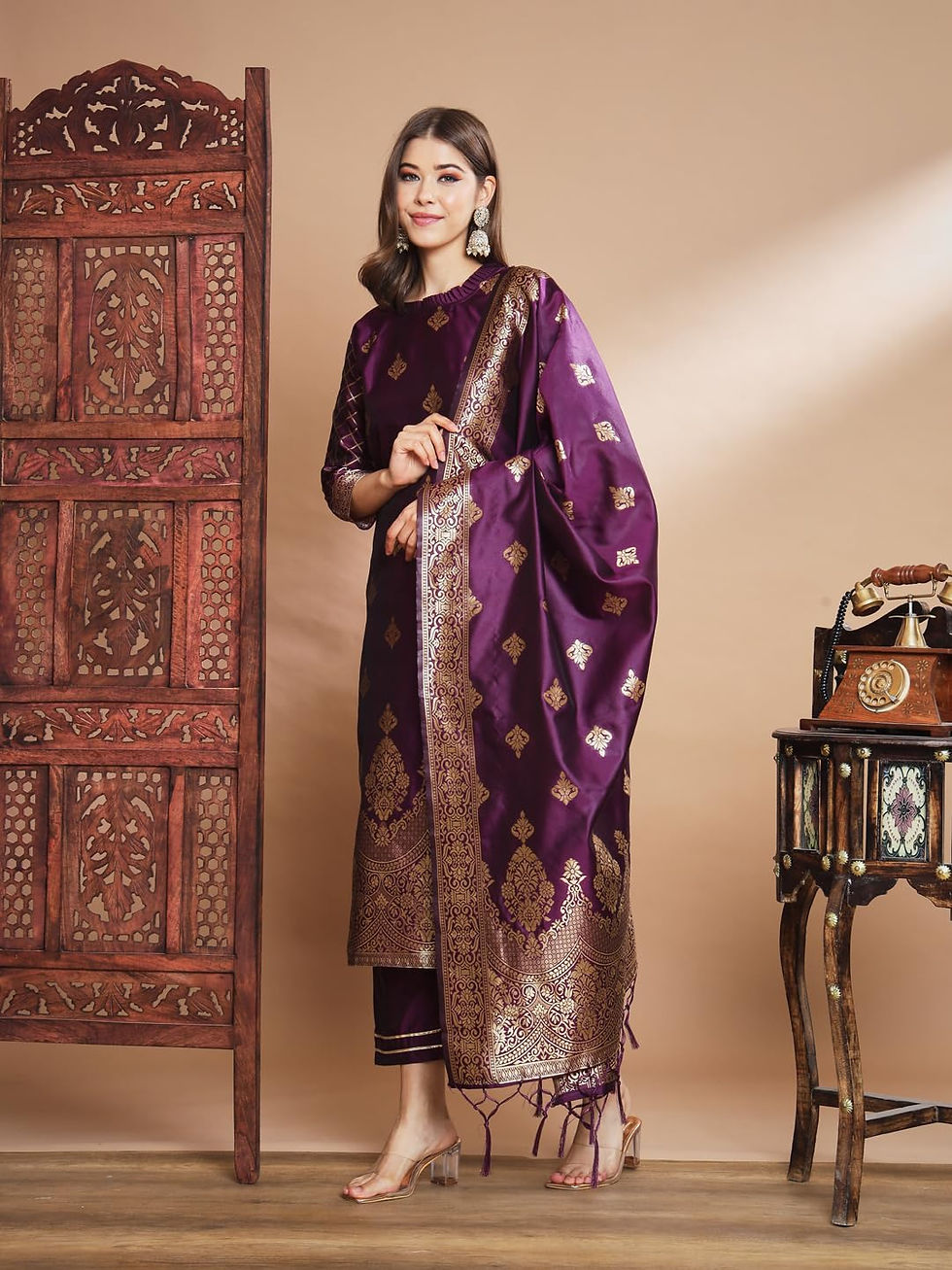 Thumbnail: VredeVogel Women's Cotton Silk Jacquard Kurta with Pant and Dupatta (Purple-X...