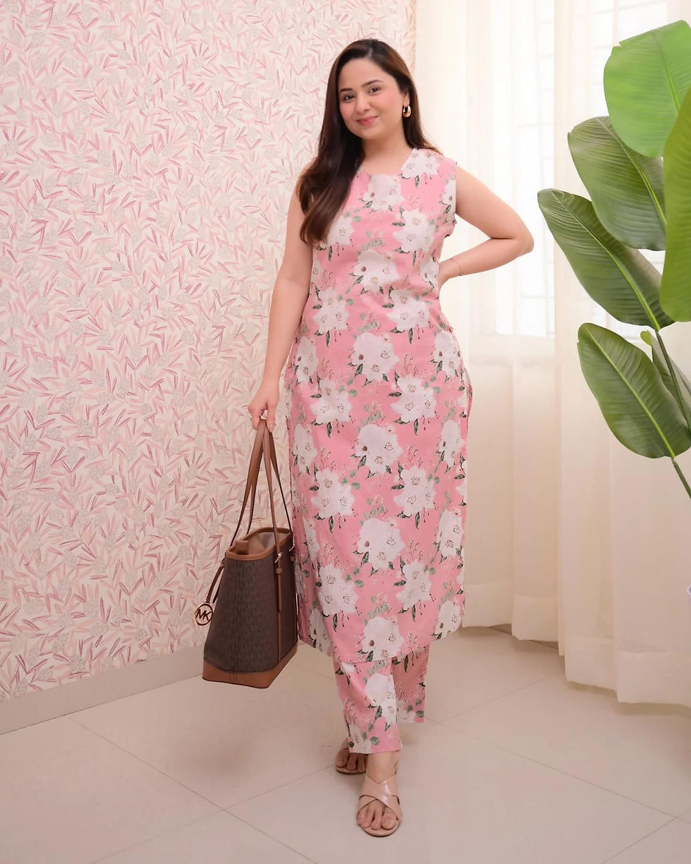 Thumbnail: Leriya Fashion Women's Floral Printed Sleeveless Kurta Set with Pant | Stylis...