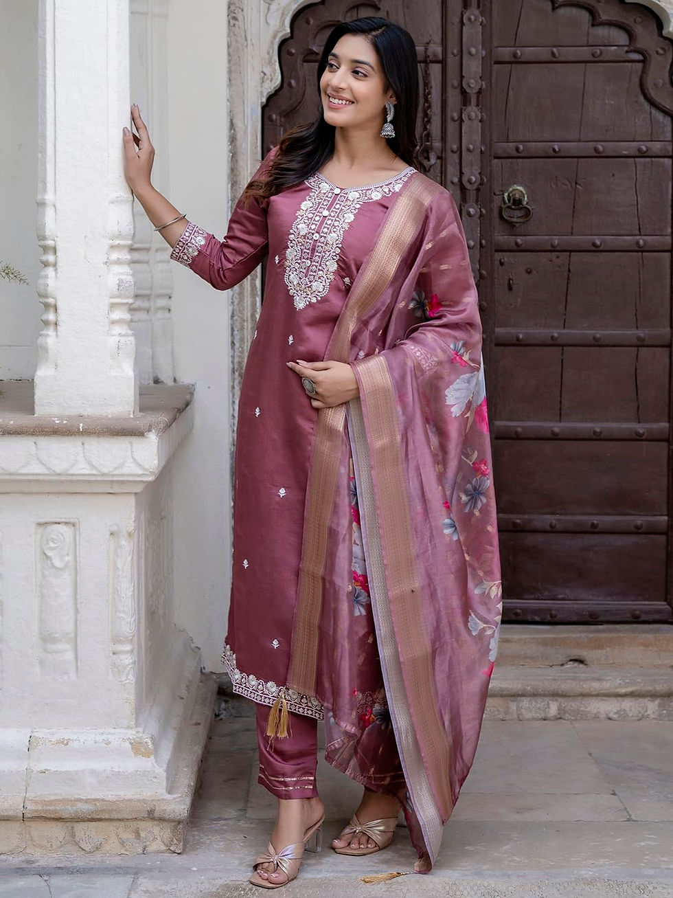 Thumbnail: VredeVogel Women’s Viscose Roman Silk Embroidery Straight Kurta Pant with Dup...