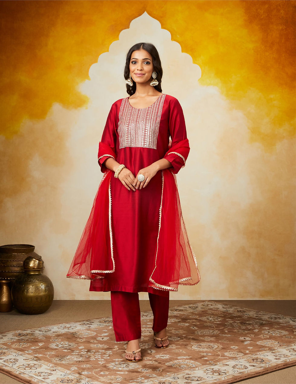 Thumbnail: Amazon Brand - Myx Women's Embroidered Kurta Pant Set with Mesh Dupatta | Vis...