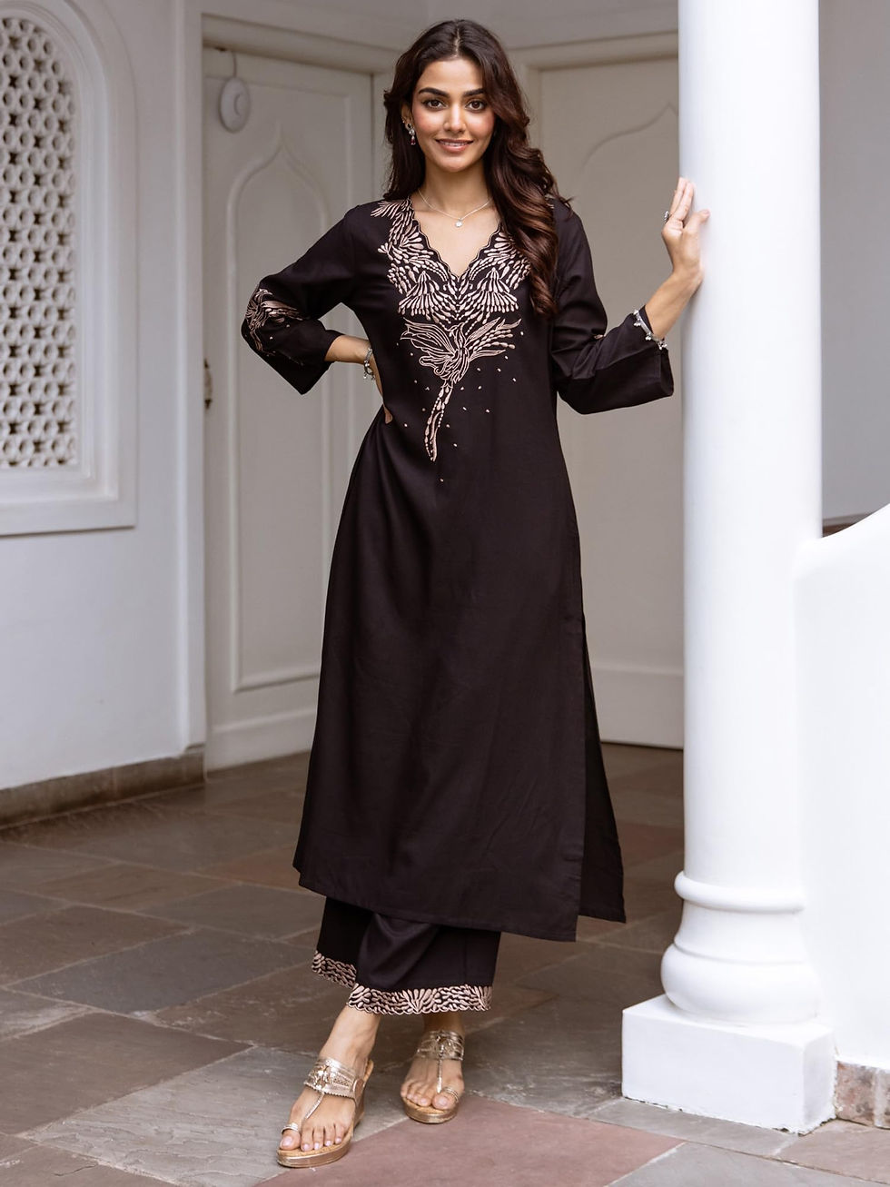 Thumbnail: INDO ERA Women's Black Viscose Rayon Geometric Embroidered A-Line Kurta & Pan...
