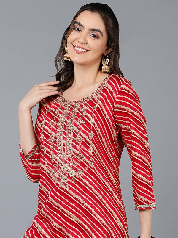 Thumbnail: Vaamsi Women's Viscose Rayon Leheriya Embroidered Straight Kurti (VCK9289_Pin...
