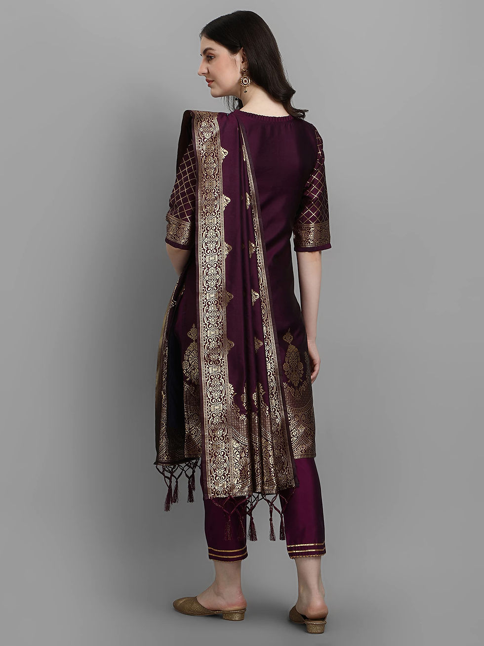 Thumbnail: VredeVogel Women's Cotton Silk Jacquard Kurta Pant with Dupatta Set (Purple_X...
