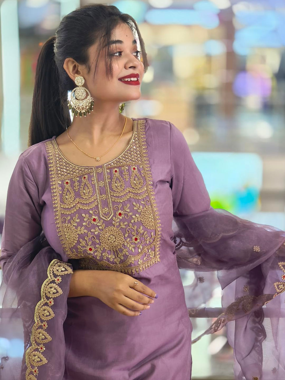 Thumbnail: VredeVogel Women's Silk Blend Embroidered Kurta with Pant & Silk Chiffon Dupa...