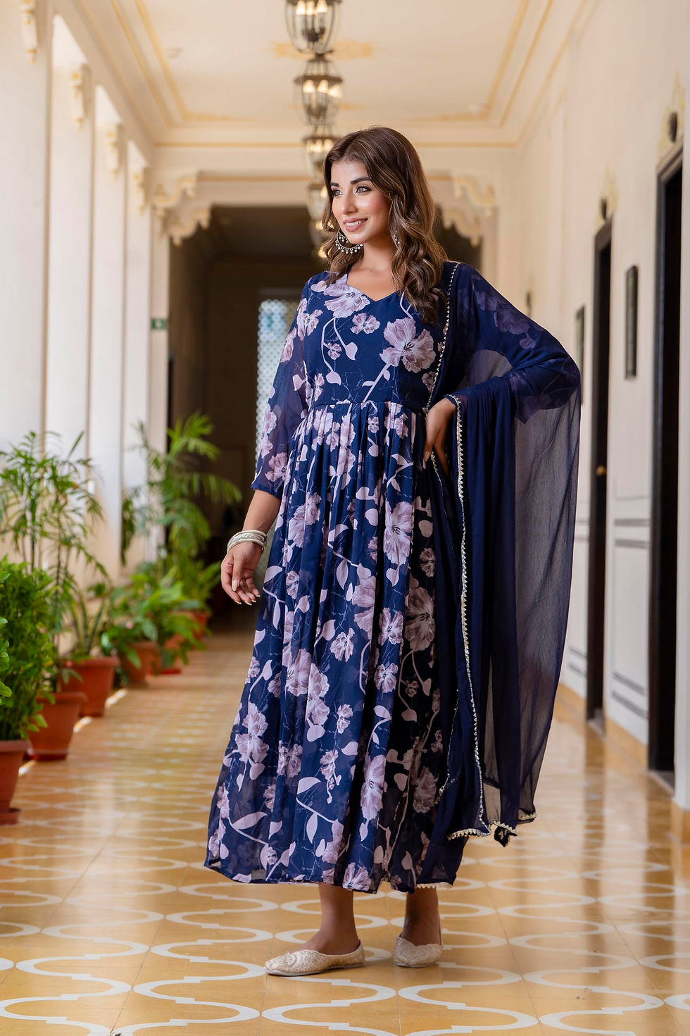 Thumbnail: Yashika Women's Regular Kurta Set in Black Floral Color and Georgette Fabric ...