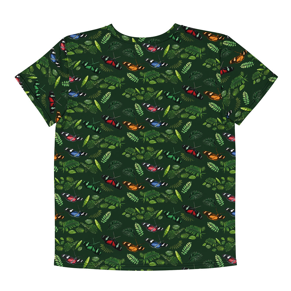 Miniaturbild:  Kinder-T-Shirt mit Allover-Print aus Schmetterlingen und Pflanzen.
