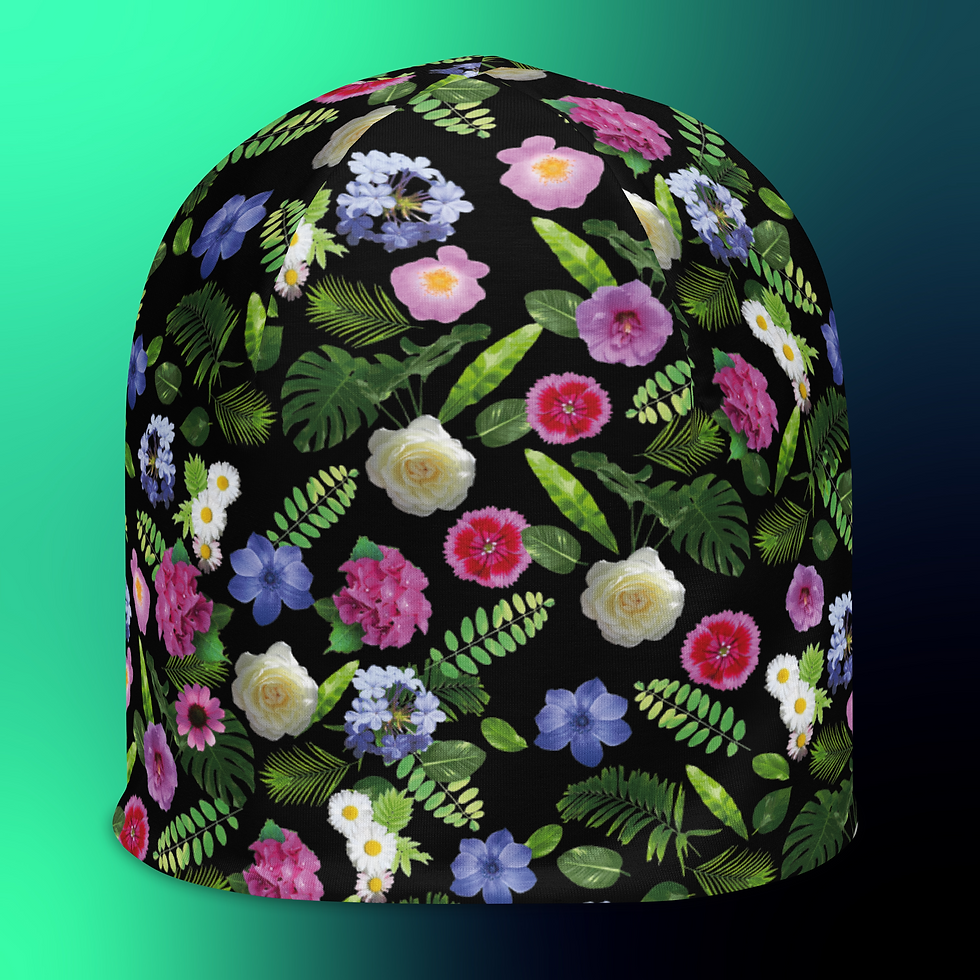 Miniaturbild: All-Over Print Beanie. Mütze mit Allover-Print aus Blumen und Pflanzen.
