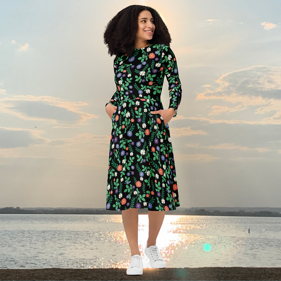 Miniaturbild: Midi Dress. Midikleid mit Allover-Print aus Blumen & Pflanzen und langen Ärmeln.