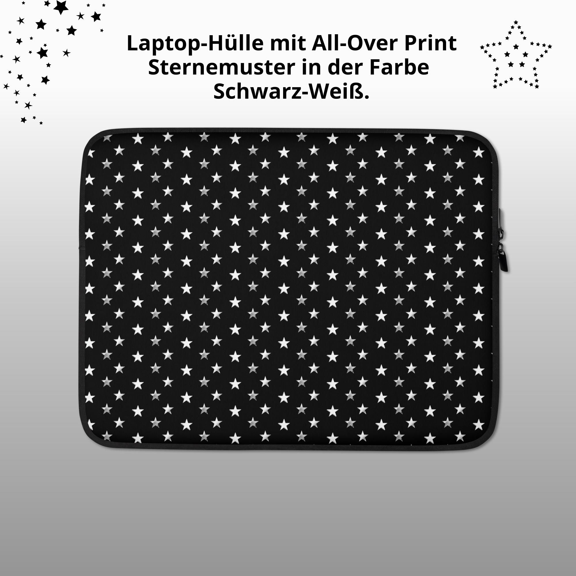 Laptoptasche mit All-Over-Druck-Sternmuster in Schwarz und Weiß.