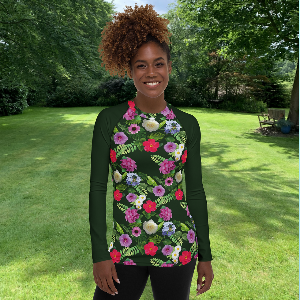 Miniaturbild: Women's Rash Guard. Damen-Rashguard mit Allover-Print: Blumen und Pflanzen.