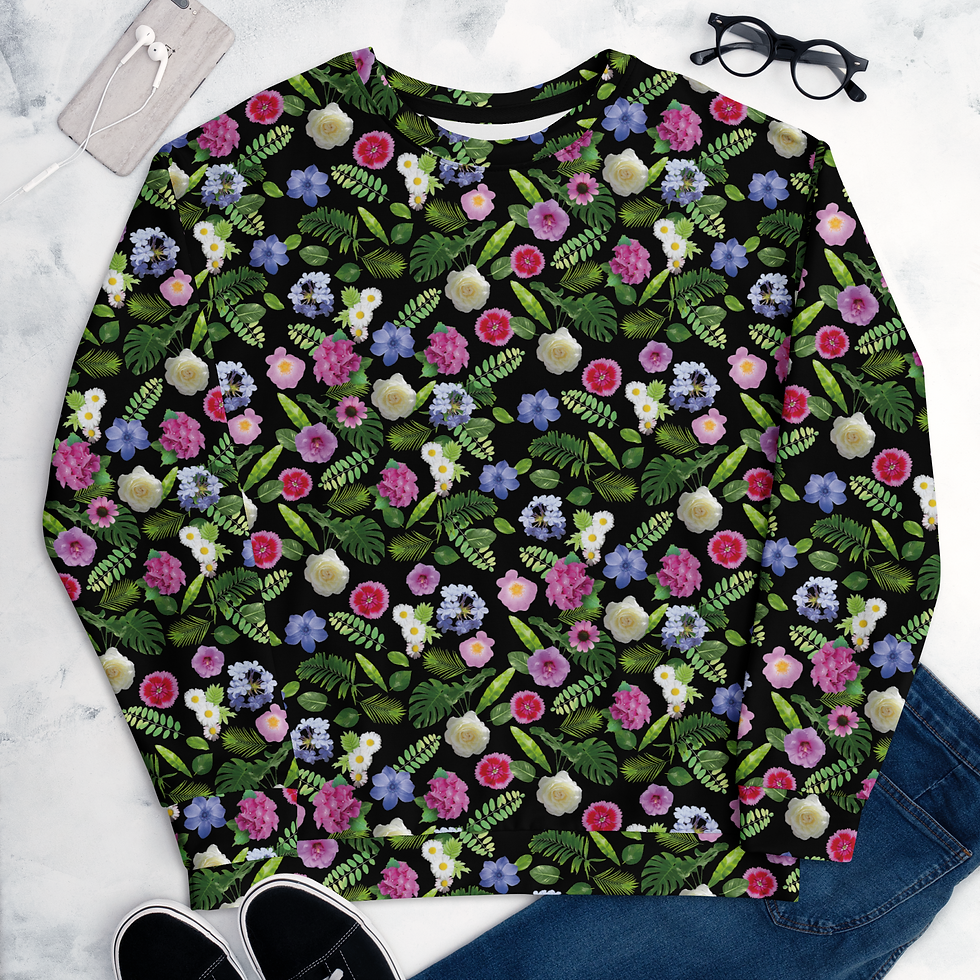Miniaturbild: Recycelter Unisex-Pullover mit Allover-Print aus Blumen und Pflanzen.
