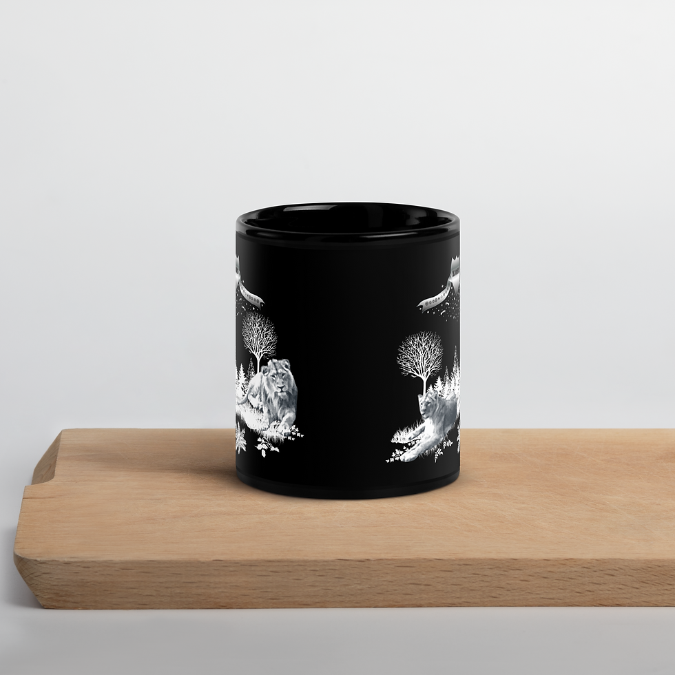 Miniaturbild: Schwarzer, glänzender Becher mit Löwenmotiven. Black, shiny cup with lions.