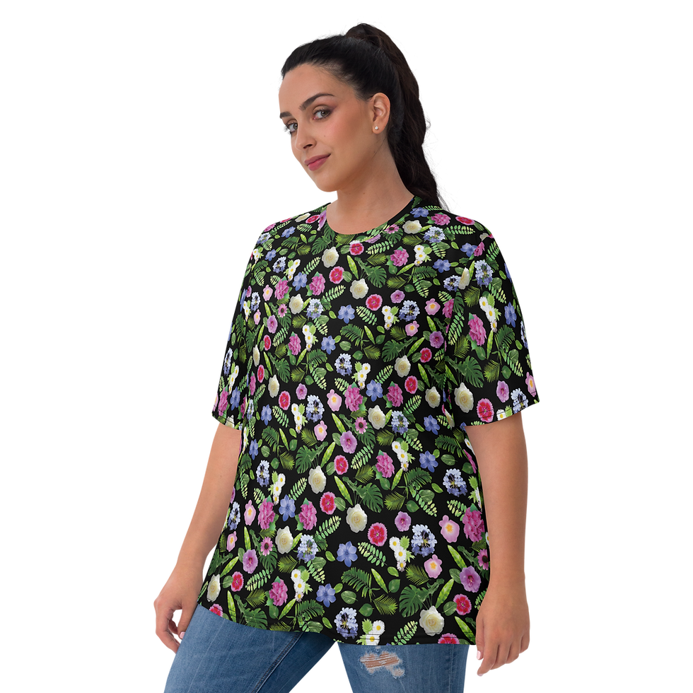 Miniaturbild: Damen-T-Shirt mit Rundhalsausschnitt und Allover-Print aus Blumen und Pflanzen.