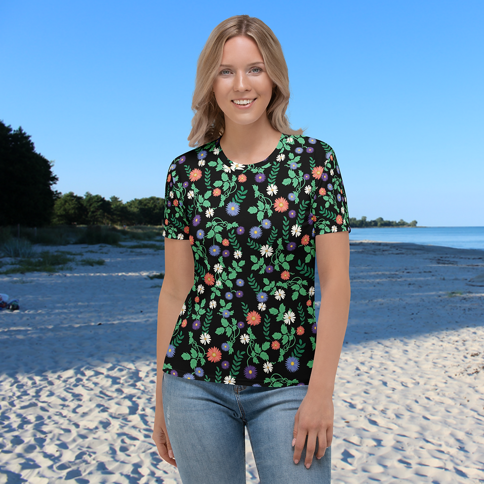 Miniaturbild: Damen-T-Shirt mit Rundhalsausschnitt & Allover-Print mit Blumen- & Pflanzen.