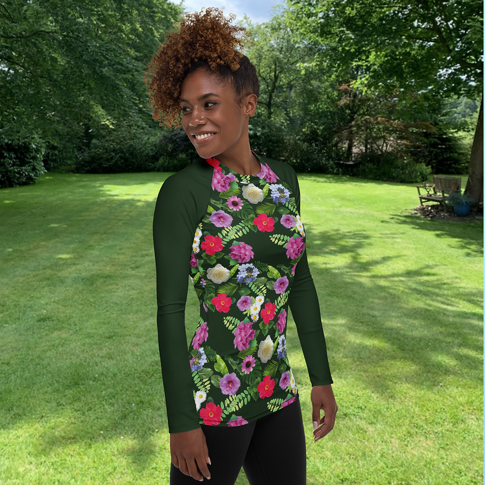 Miniaturbild: Women's Rash Guard. Damen-Rashguard mit Allover-Print: Blumen und Pflanzen.