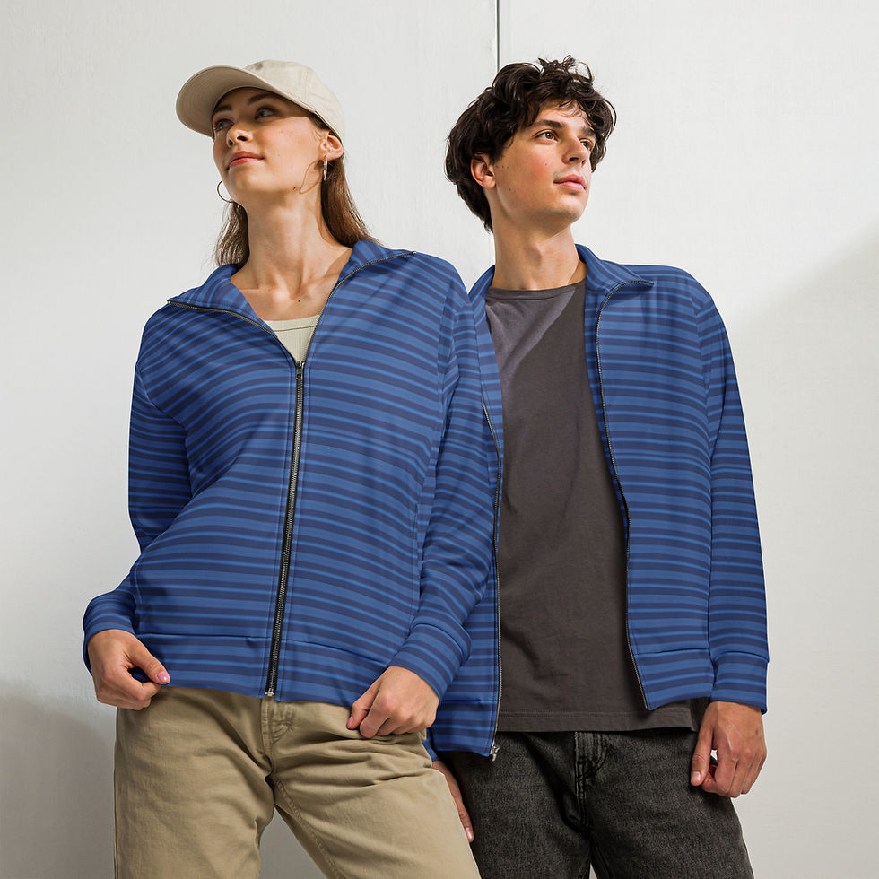 Miniaturbild: Unisex training jacket with all-over print and blue stripes.
