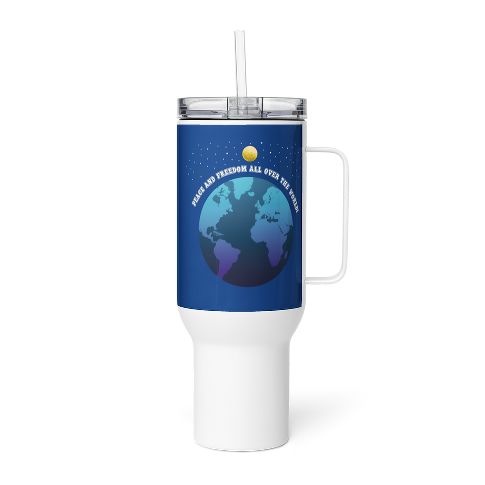 Miniaturbild: Reisebecher mit Henkel. Frieden und Freiheit überall auf der Welt!