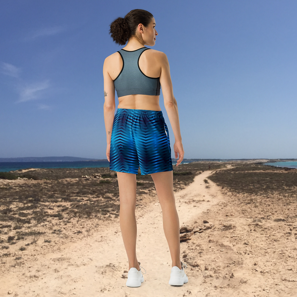 Miniaturbild: Unisex-Sport-Bermudas mit Allover-Print in Hellblau und Dunkelblau.