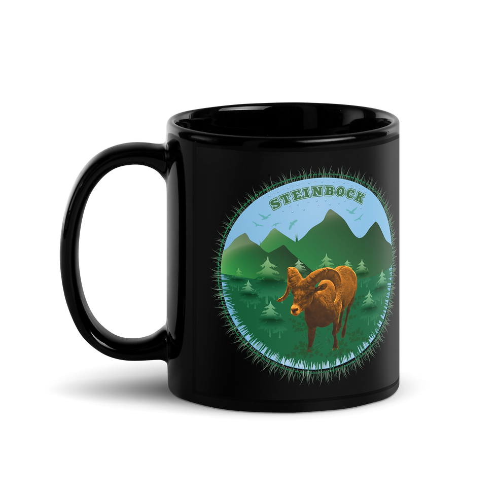Miniaturbild: Black Glossy Mug. Steinbock. Schwarzer Hochglanzbecher
