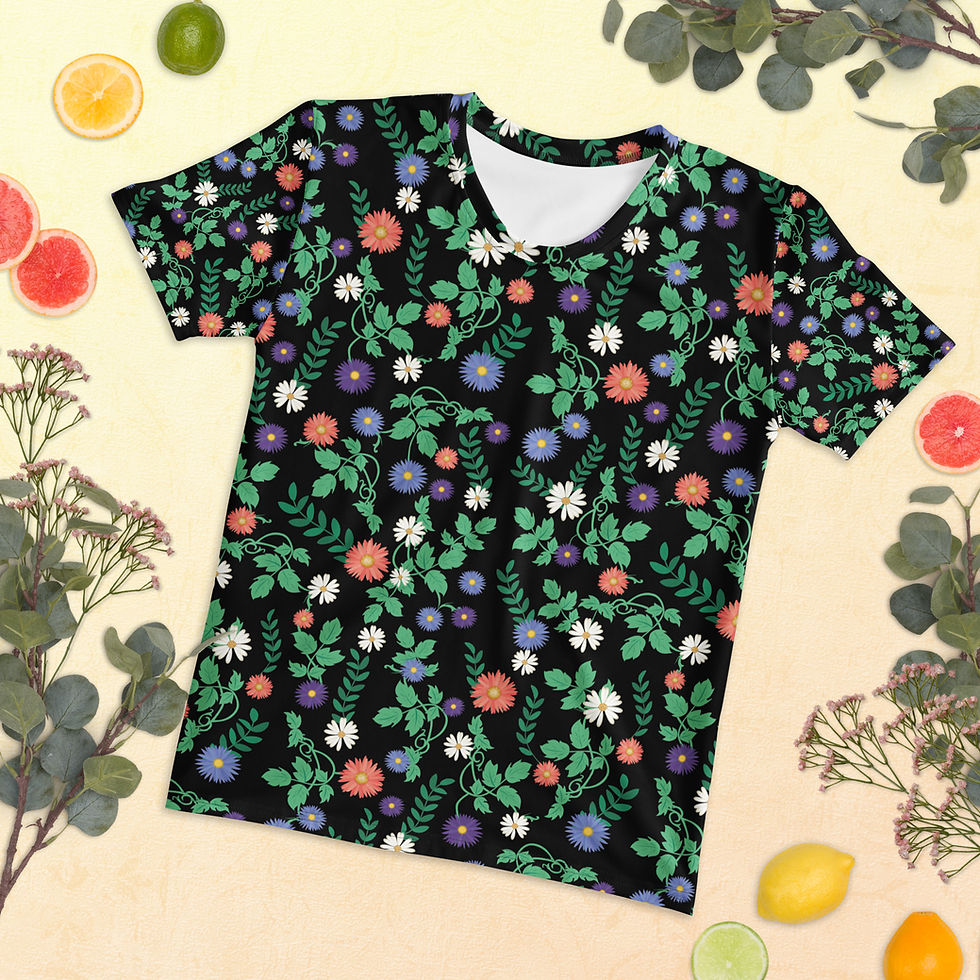 Miniaturbild: Damen-T-Shirt mit Rundhalsausschnitt & Allover-Print mit Blumen- & Pflanzen.
