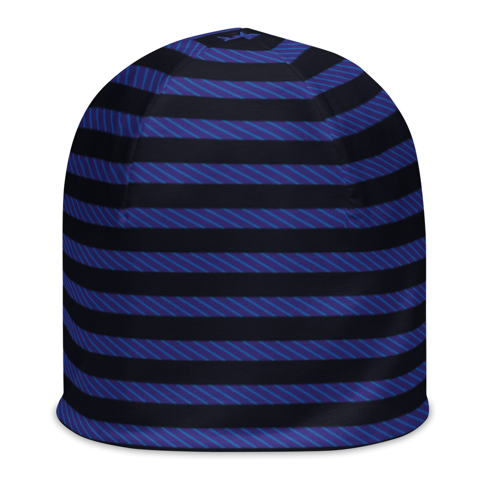 Miniaturbild: Beanie mit Allover-Print und gestreiftem Muster in Blau und Schwarz. 