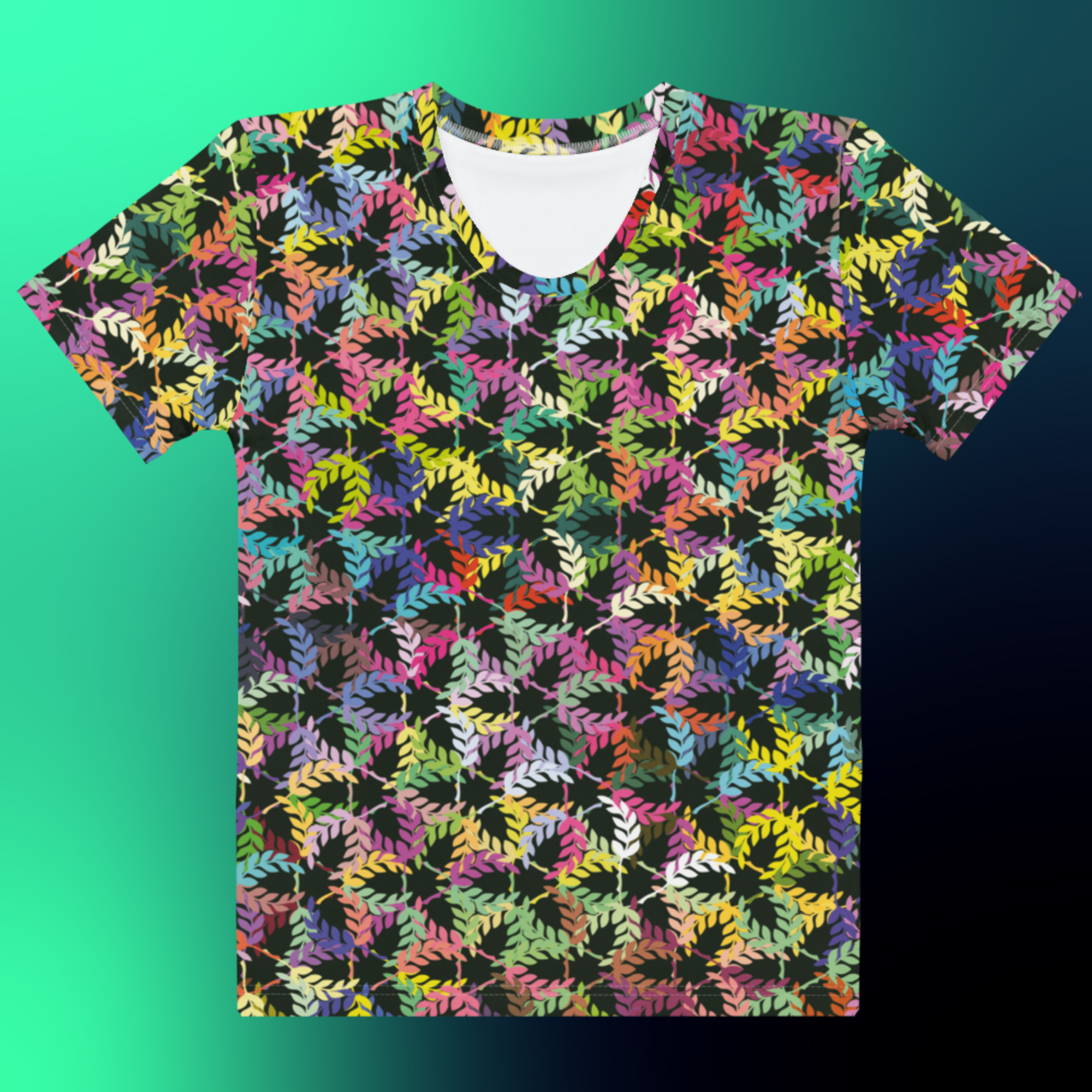 Damen-T-Shirt. Allover-Print mit bunten Pflanzen. Women's T-shirt.