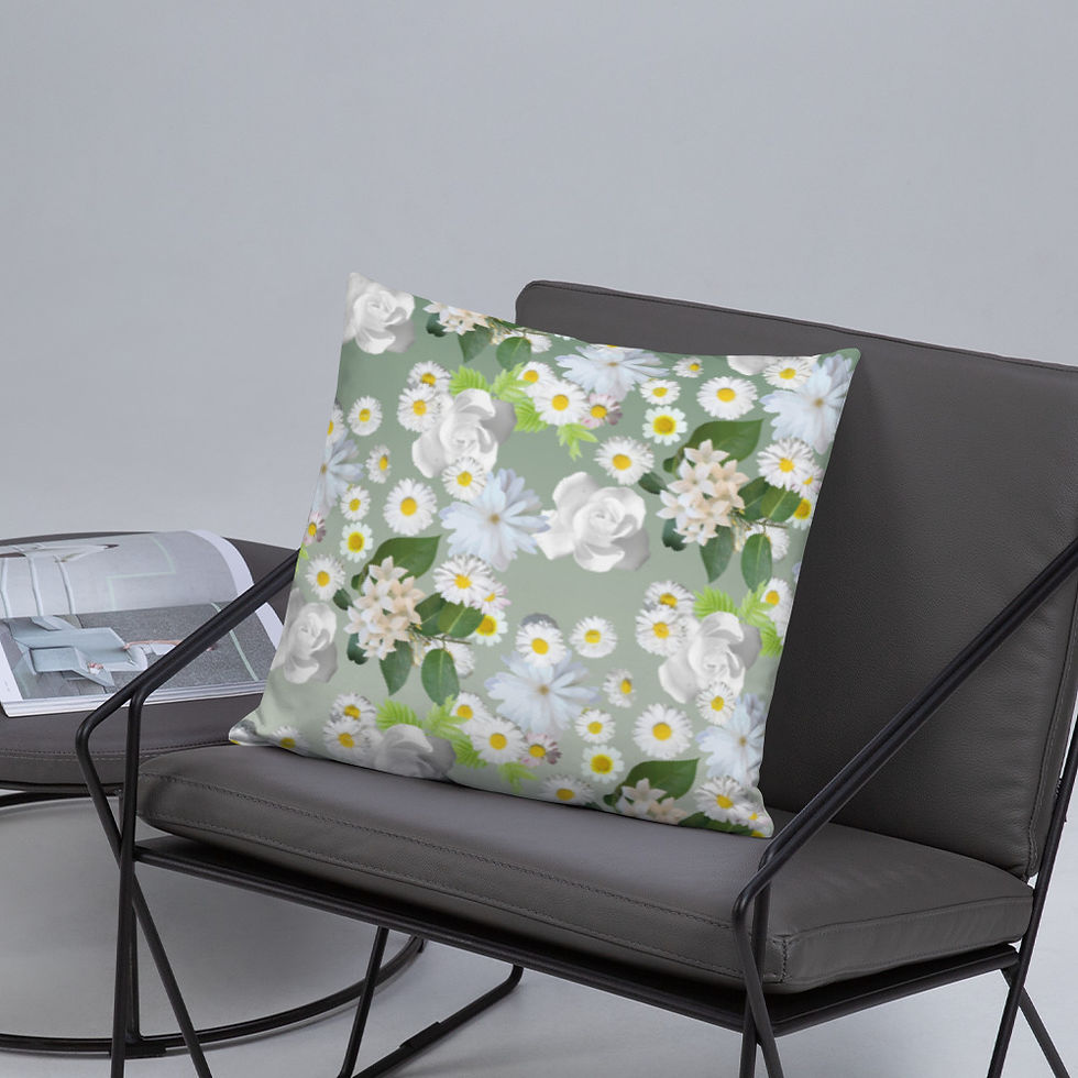 Miniaturbild: Basic cushion with continuous rose and daisy pattern. Einfaches Kissen mit durchgehendem
Rosen- und Gänseblümchenmuster.