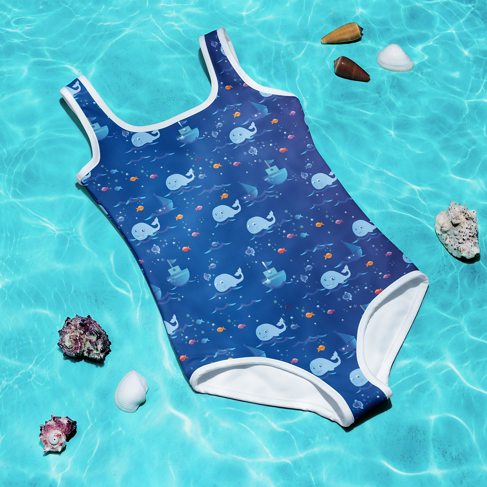 Miniaturbild: All-Over-Print Kinderbadeanzug mit bunten Fischen.