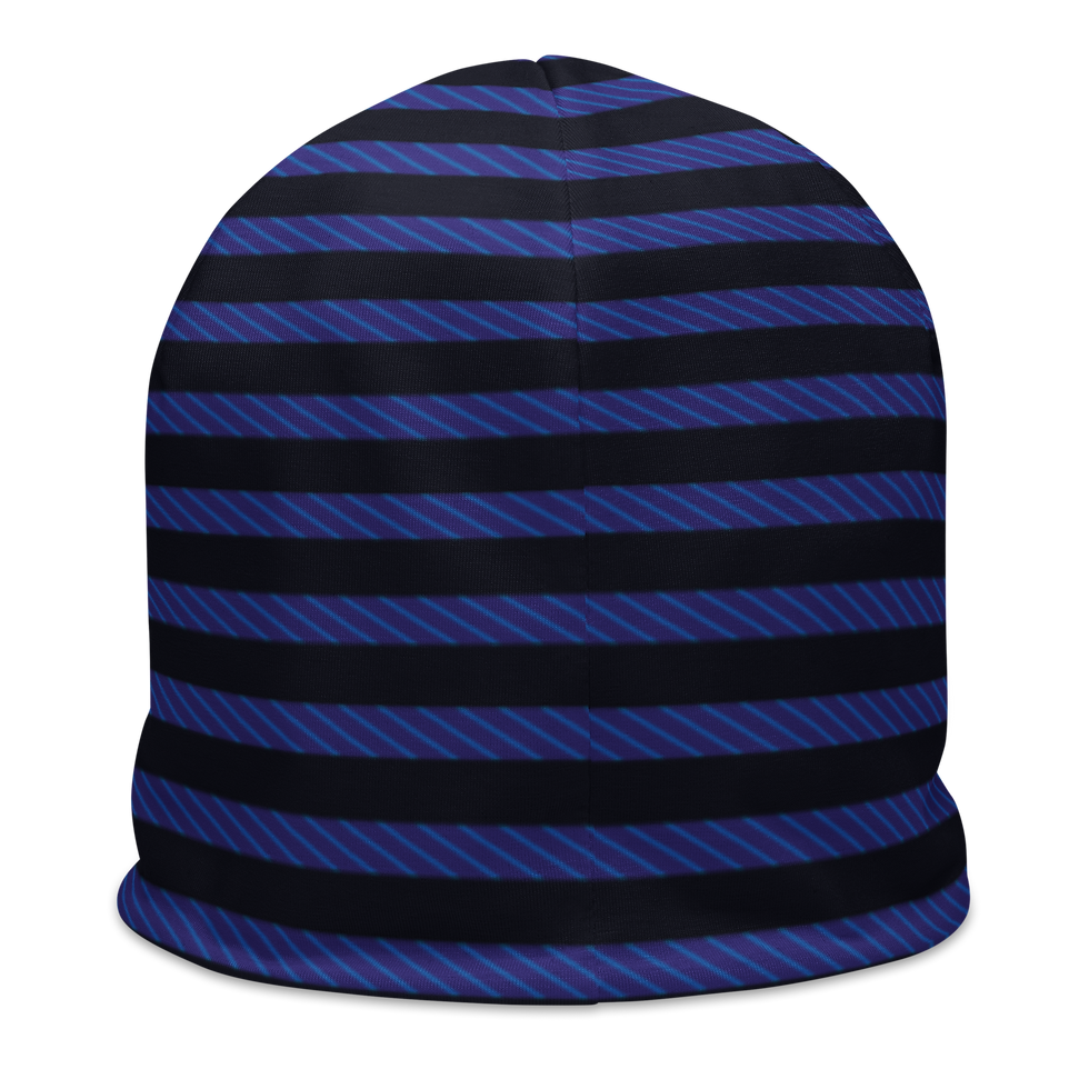 Miniaturbild: Beanie mit Allover-Print und gestreiftem Muster in Blau und Schwarz. 
